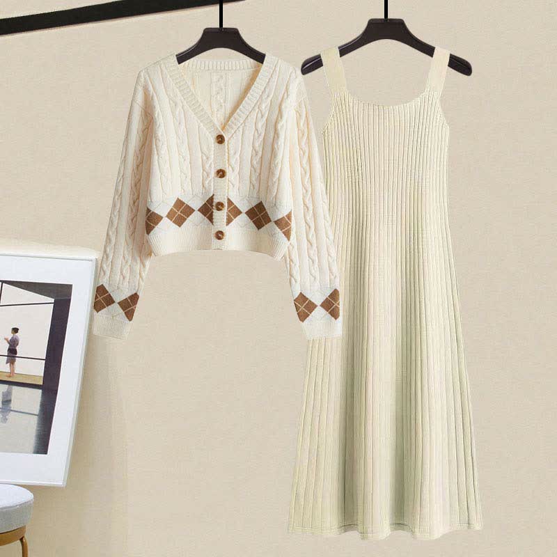 Sweater Slip Dress Rhombus Set Print Cardigan