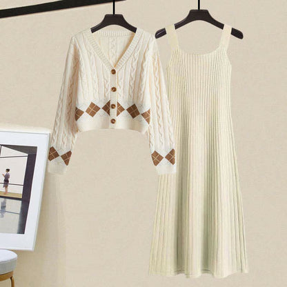 Sweater Slip Dress Rhombus Set Print Cardigan