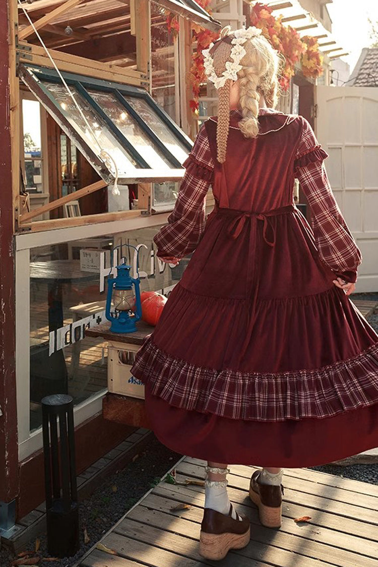 Velvet Plaid Print Bowknot Christmas Sweet Lolita Dress in Red