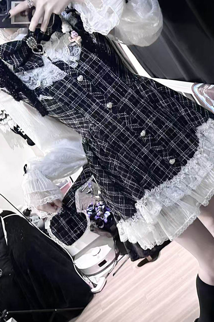 Lunar Eclipse Doll Plaid Printed Ruffled Bow Lace Sweet Jirai Kei Japanese Dress Shorts Set