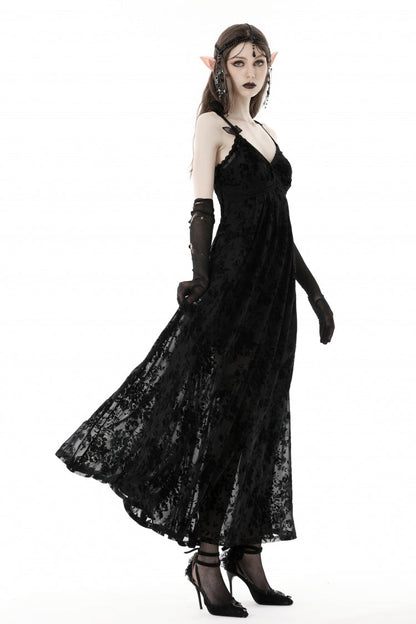 Maxi Rose Print Gothic Slip Dress with Lace-Up Back - NoirEdge