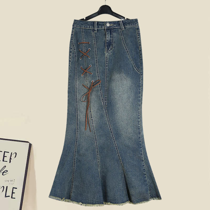 Hollow Out Stripe Top Halter String Fishtail Denim Skirt