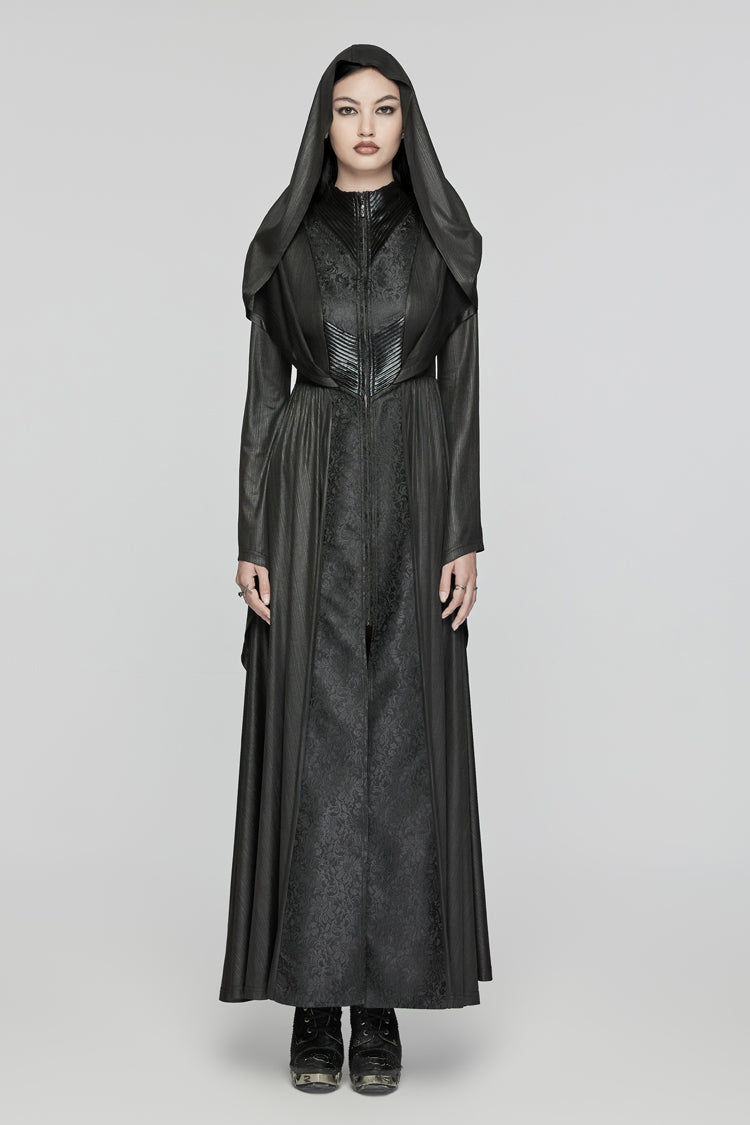 Hooded Dark Dress with Flared Sleeves - Women