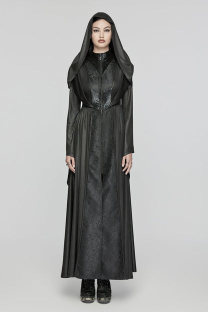 Hooded Dark Dress with Flared Sleeves - Women