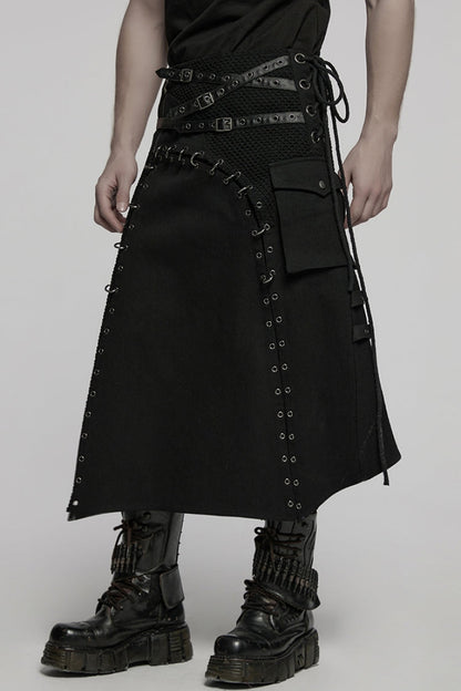 Gothic Men's Kilt with Faux Leather Stitching Lace-Up and Irregular Mesh