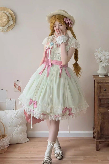 Emerald Sakura's Spring Resonance Sleeveless Ruffled Bow Sweet Lolita JSK