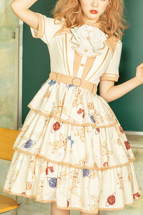 Astronaut Bunny Print Short-Sleeved Triple-Layer Sweet OP Dress