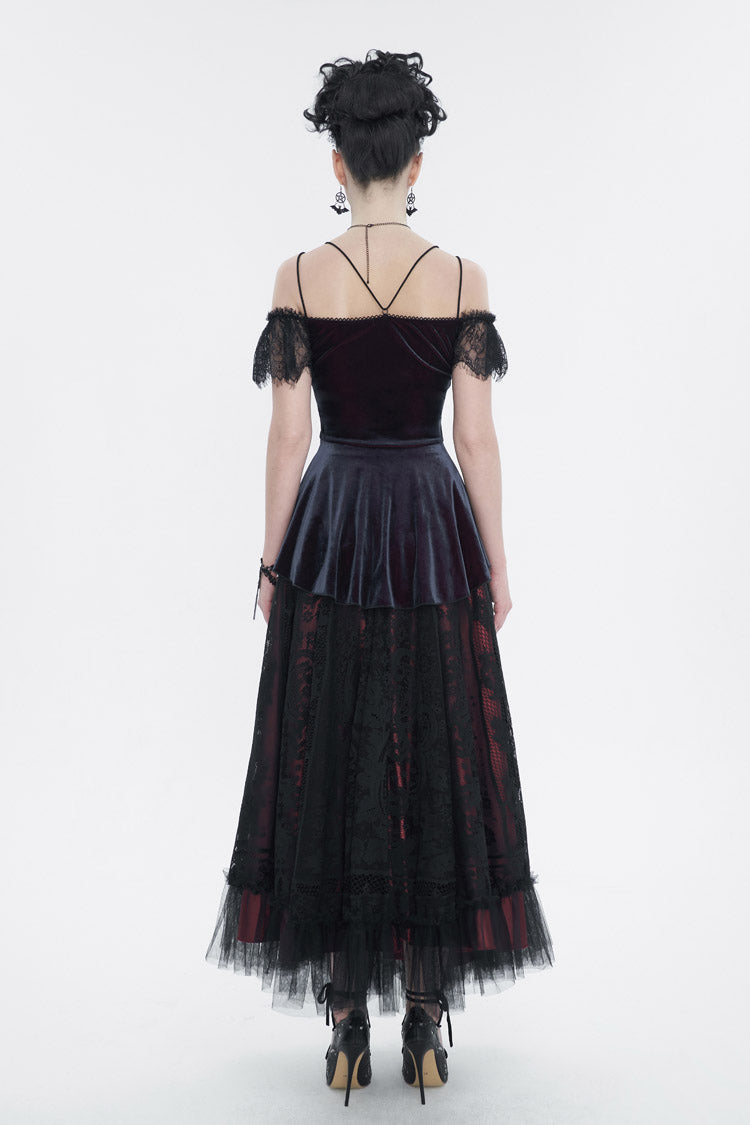 Crimson Stretch Velvet Eyelash Lace Short Sleeve One-Shoulder Goth Strap Tee