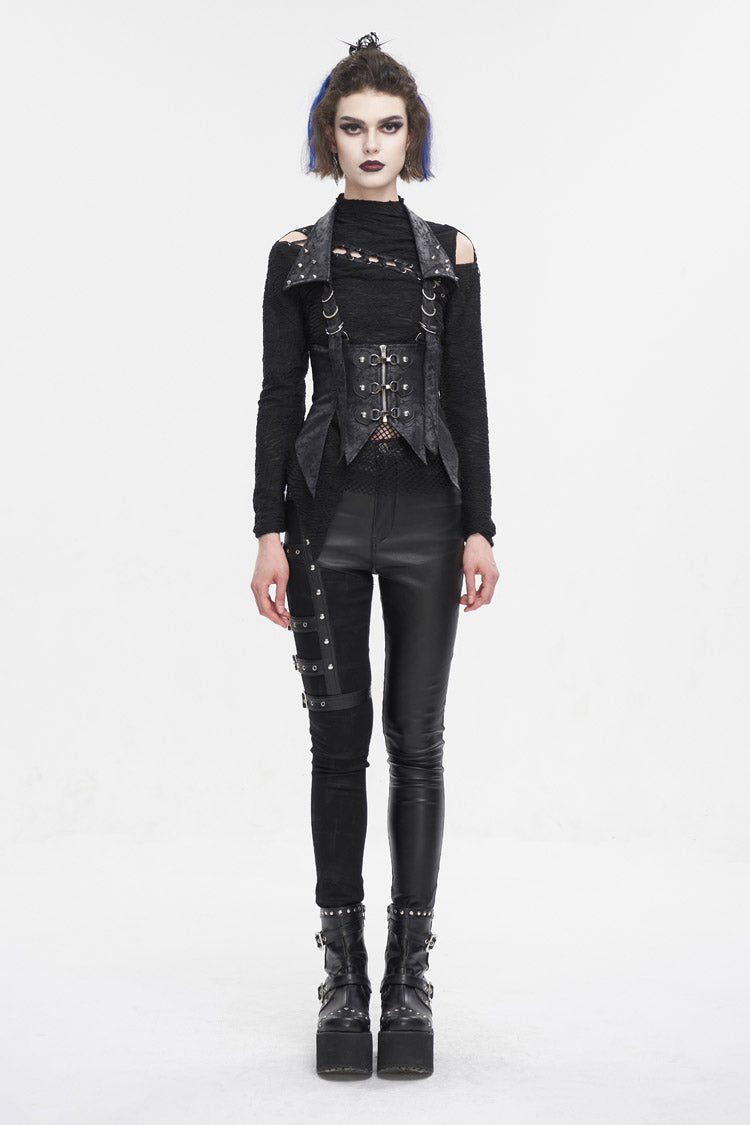 Lace-Up Black Asymmetric Gothic Vest with Detachable Collar
