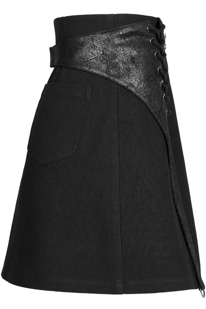High Waist Punk Skirt with Cross Strap and Metal Zipper in Black Faux Leather