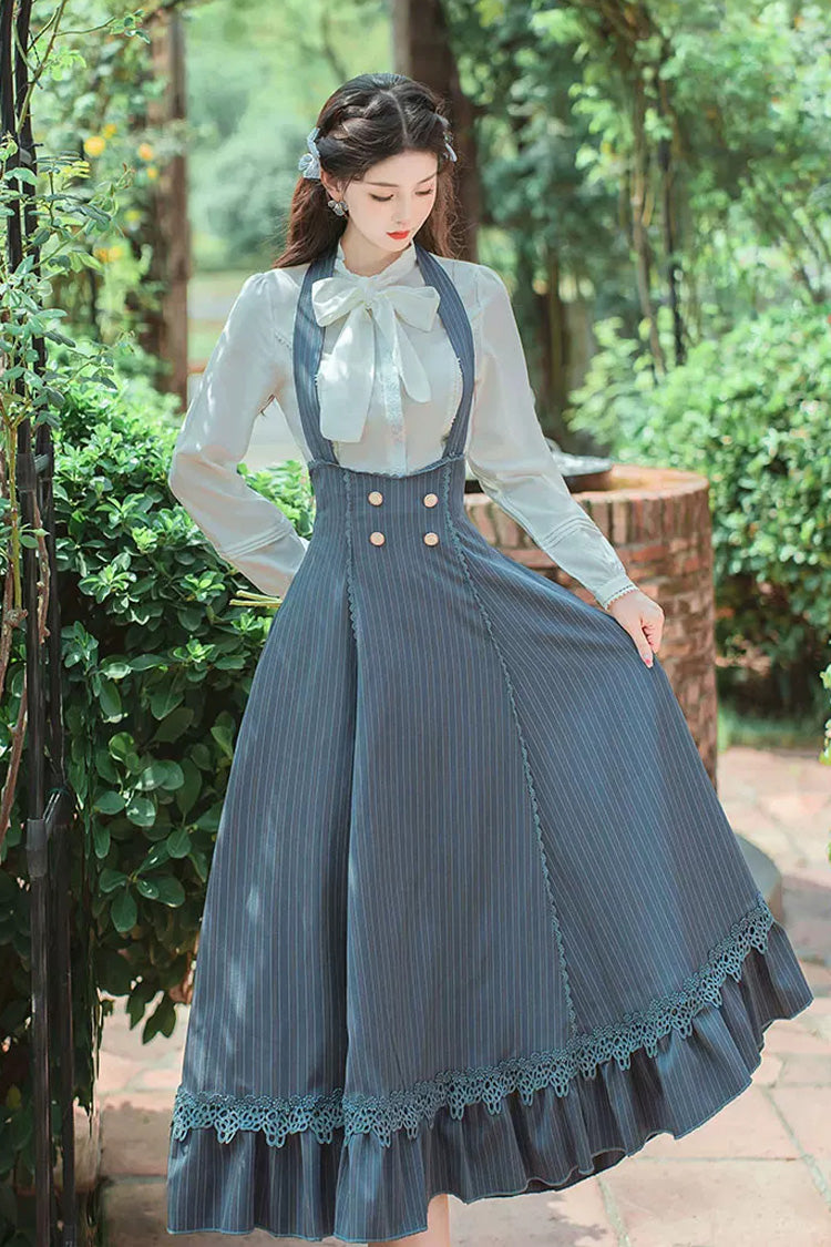 Blue Bustier Halter Long Sleeves Striped Print Bow Lace Sweet Lolita Two-Piece Set