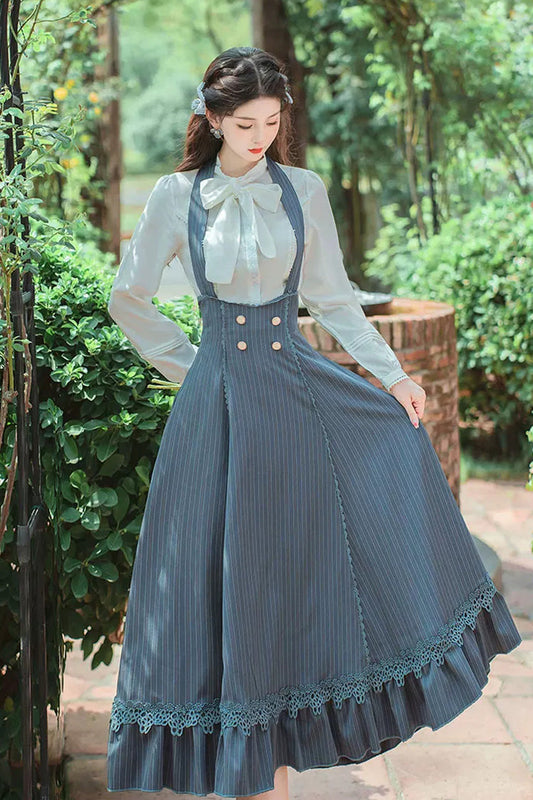 Blue Bustier Halter Long Sleeves Striped Print Bow Lace Sweet Lolita Two-Piece Set