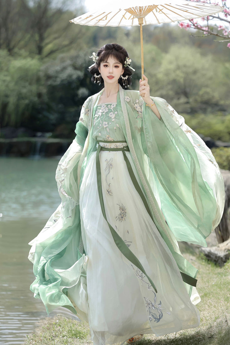 Emerald Qingdie Song Dynasty Ruffle Embroidery Chinese Hanfu Full Set