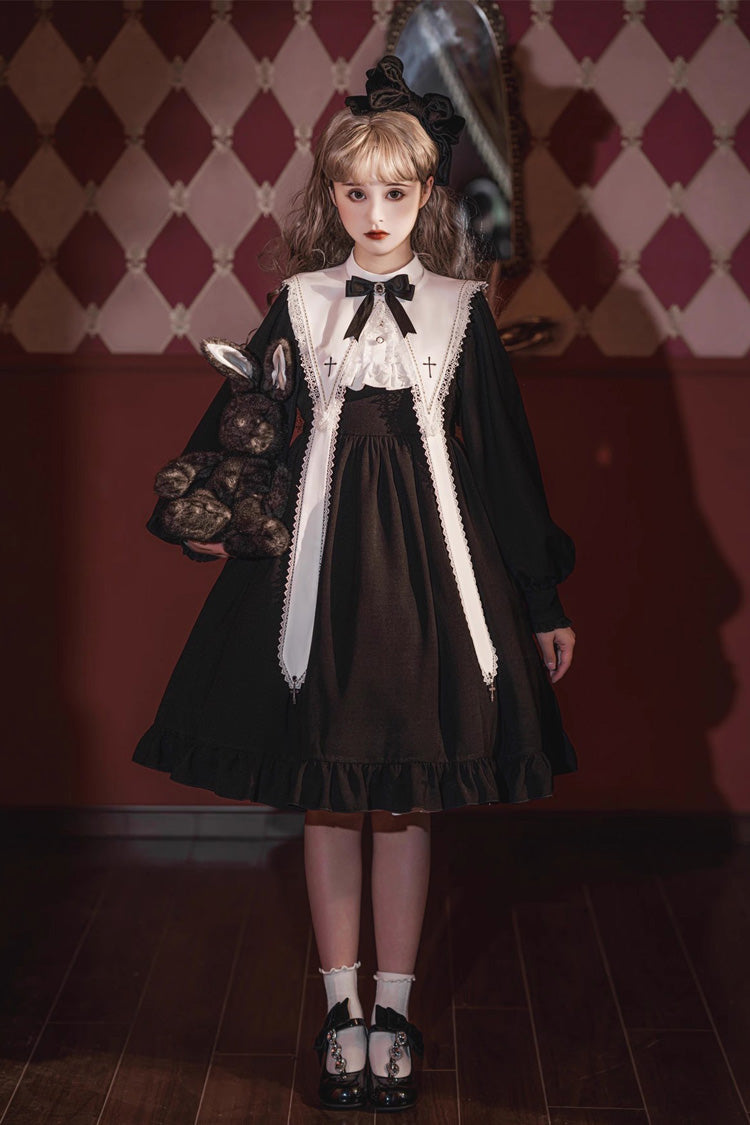 Classic Gothic Elegant Nun Dress with Long Sleeves and Ruffled Bow