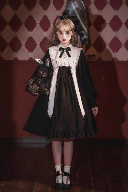 Classic Gothic Elegant Nun Dress with Long Sleeves and Ruffled Bow