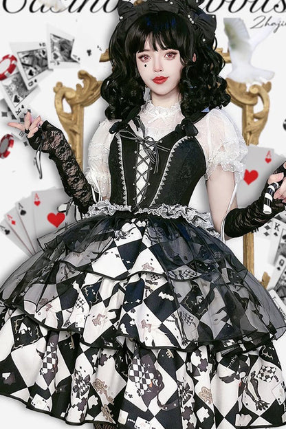 Black White Board Games Triple-Layer Print Ruffle Vintage Lolita Skirt