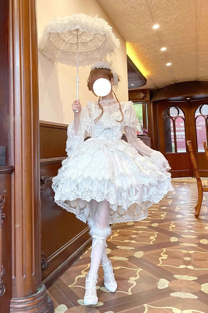 Ivory Peacock Feather Layered Ruffle Hanayome Cardigan Bow Lace Sweet Lolita Jsk Set