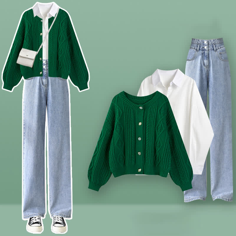 Ensemble cardigan vert câblé, pull, chemise à revers, pantalon en jean