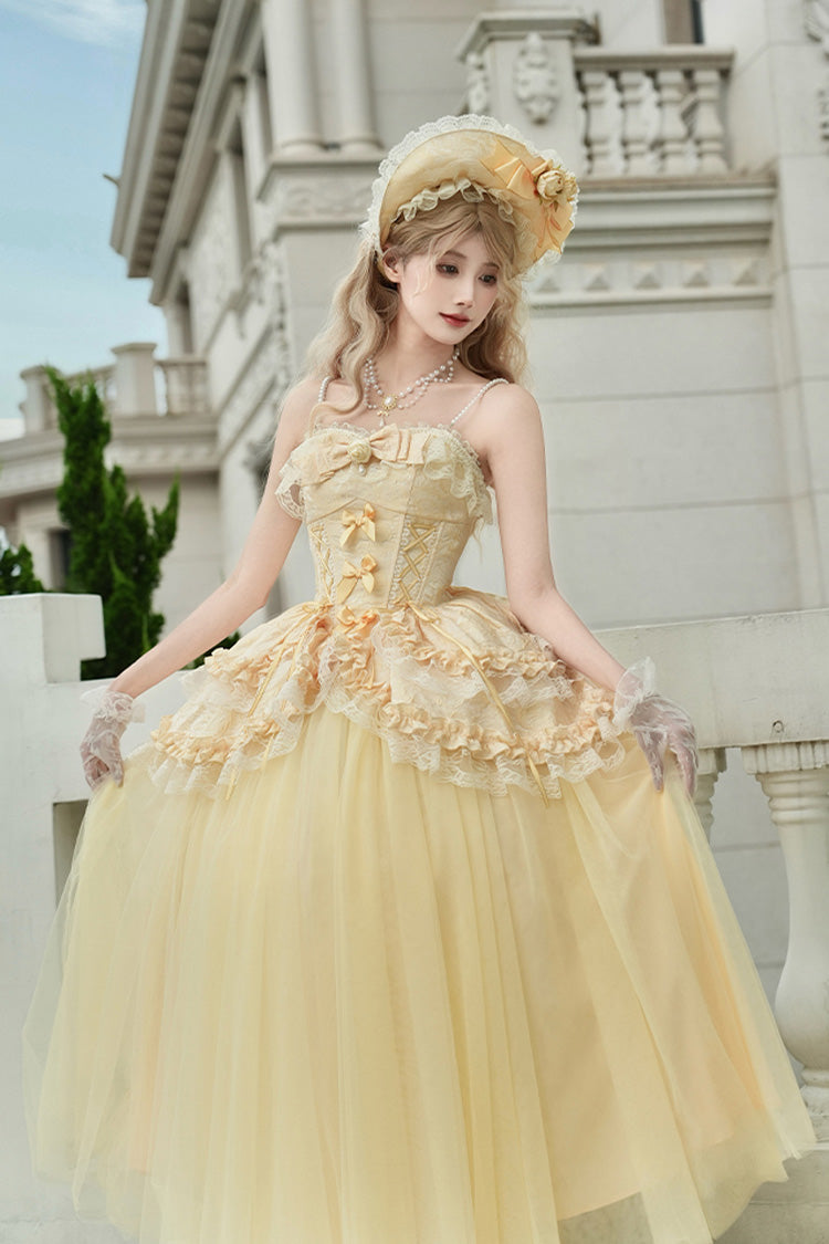 Sissi's Pilgrimage Off Shoulder Ruffle Bow Lace Sweet Lolita Long Skirt in Yellow