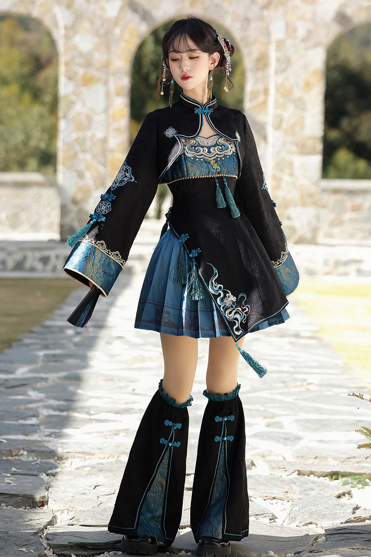Cut-Out Embroidered Chinese Style Jumper Dress - Black/Blue Misty Teal