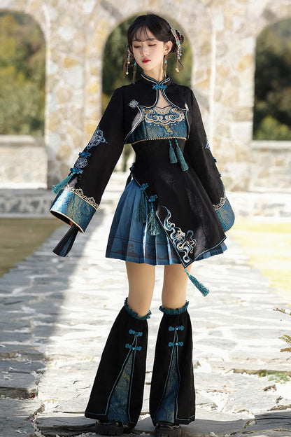 Cut-Out Embroidered Chinese Style Jumper Dress - Black/Blue Misty Teal