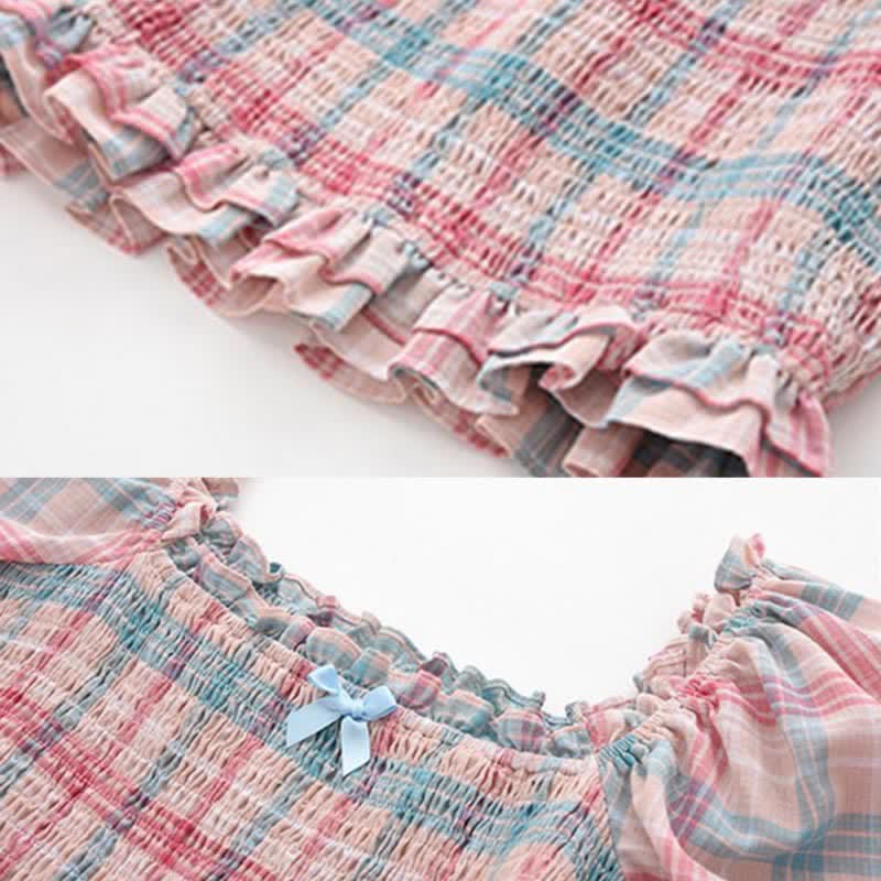 Sweet Pink Plaid Puff Sleeve Top T-Shirt Split Wide-leg Pants