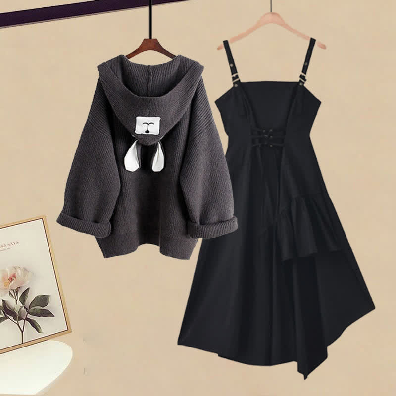 Bear Ears Hooded Cardigan Sweater Slip Dress