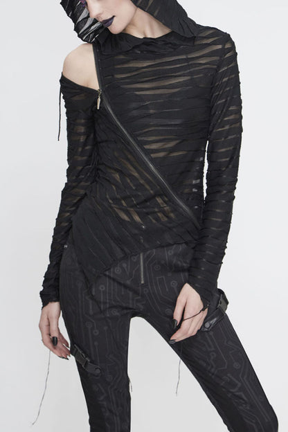 Women's Punk Shirt with Hooded Twisted Knit Slanted Zip Asymmetric Hem