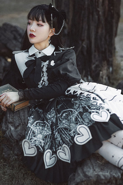 Retro Dark Eye-Print Op Dress with Love Motif - Kawaii