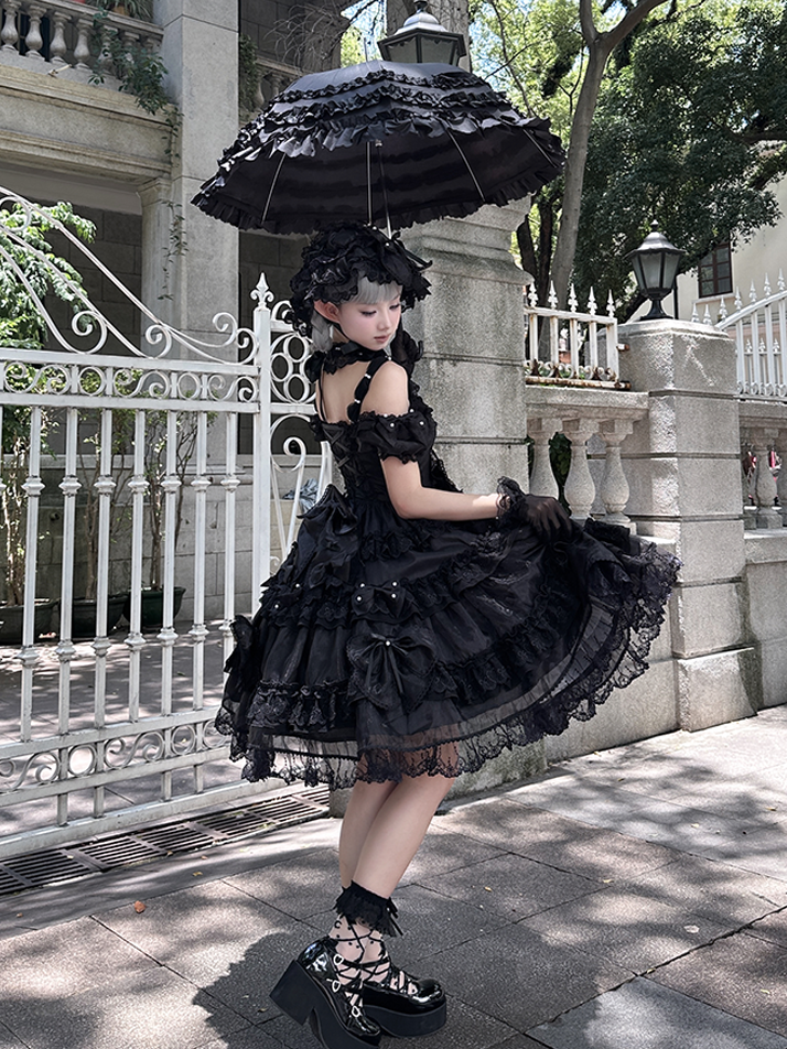 All Black Bow Accents and Bead Details Princess Lolita Dress with Big Bow at Back