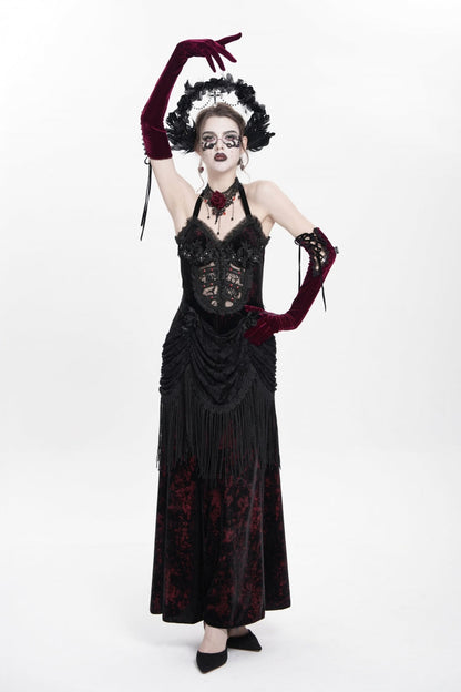 Sleeveless Hollow Floral Lace-Up Pleated Gothic Maxi Dress