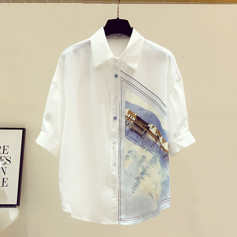 White Irregular Painting Print Chiffon Lapel Shirt