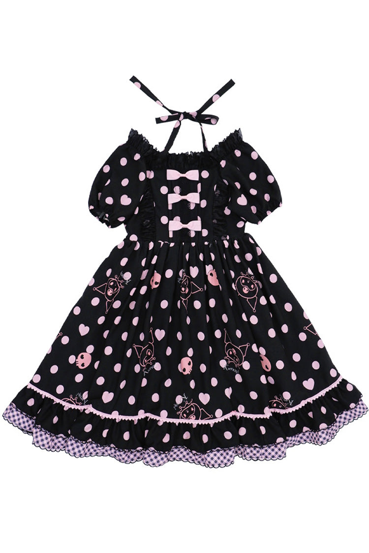 Black Short Sleeves Kulomi Print Ruffle Bow Sweet Lolita Dress