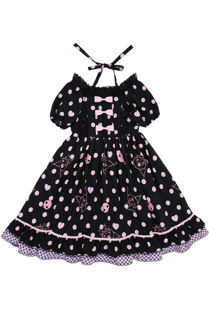 Black Short Sleeves Kulomi Print Ruffle Bow Sweet Lolita Dress