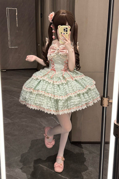 Emerald Triple-Layer Bow Lace-Up Lolita JSK - Floral Letters