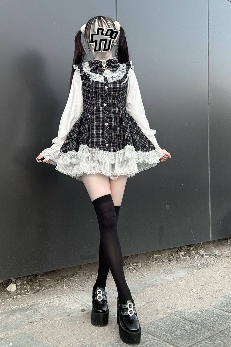Lunar Eclipse Doll Plaid Printed Ruffled Bow Lace Sweet Jirai Kei Japanese Dress Shorts Set