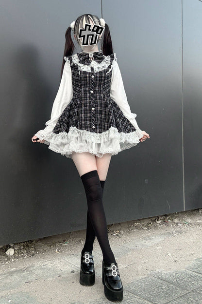 Lunar Eclipse Doll Plaid Printed Ruffled Bow Lace Sweet Jirai Kei Japanese Dress Shorts Set