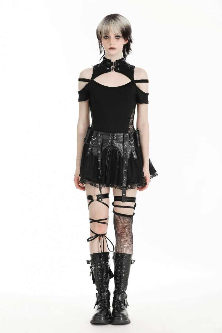 Lace-Up Punk Mini Skirt with Spliced Lace in Black Faux Leather