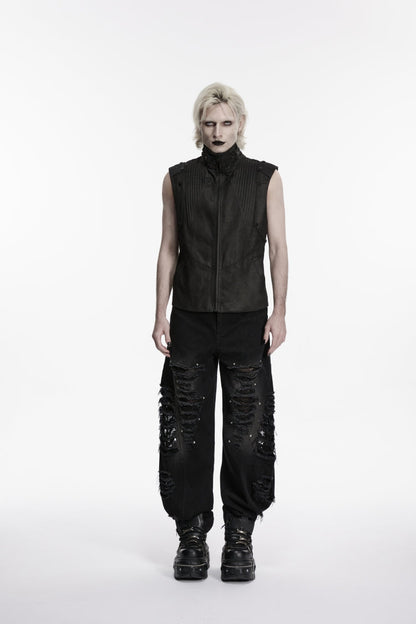 Ripped Studded Zippered Eyelet Mesh Black Punk Pants Men's