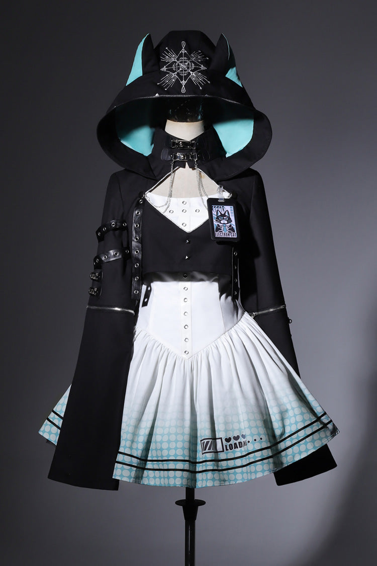 Black and Ivory Electronic Cat Print Future Suit Gothic Cool Lolita Dress