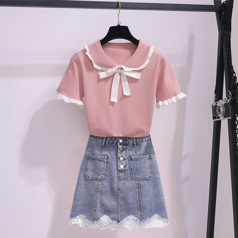 High T-Shirt Denim Skirt Bowknot Waist Knitted