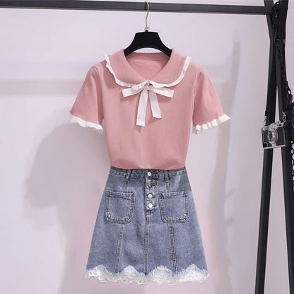 High T-Shirt Denim Skirt Bowknot Waist Knitted