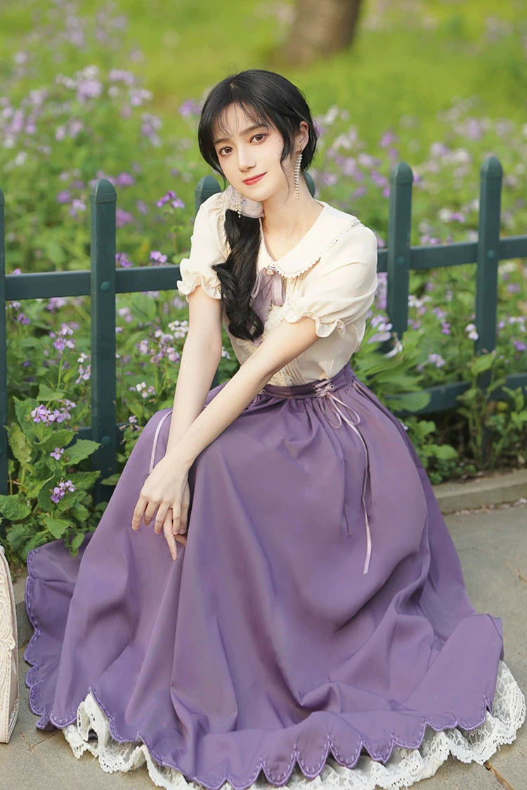 Solid Color Lapel Collar Short Sleeves High Waist Lace-Up Wave Hem Classic Lolita Two-Piece Set 7 Colors