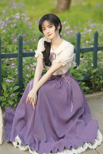 Solid Color Lapel Collar Short Sleeves High Waist Lace-Up Wave Hem Classic Lolita Two-Piece Set 7 Colors