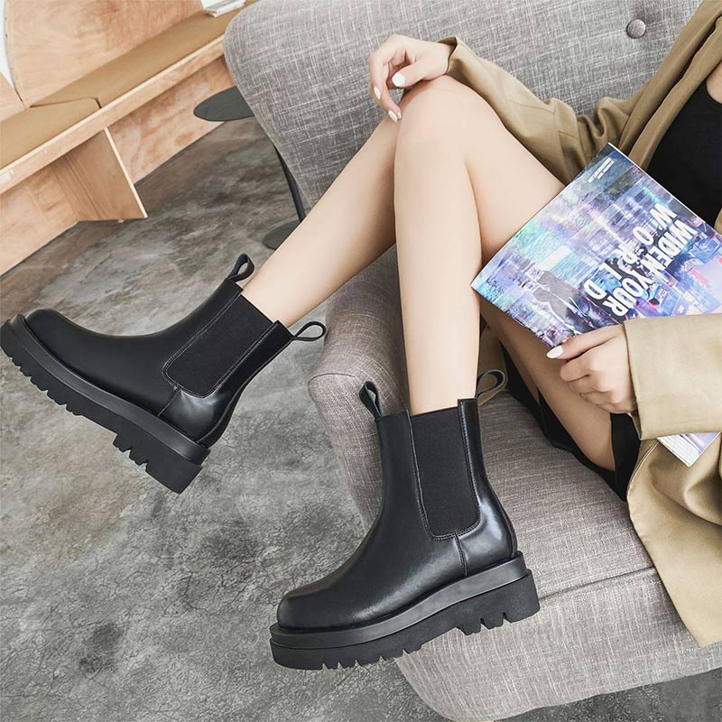 Bottes à plateforme en cuir véritable à enfiler