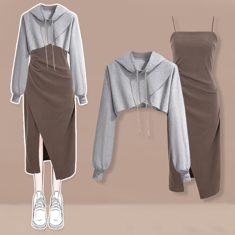 Hoodie Slip Split Ruffled Dress Short Cross