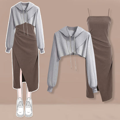 Hoodie Slip Split Ruffled Dress Short Cross