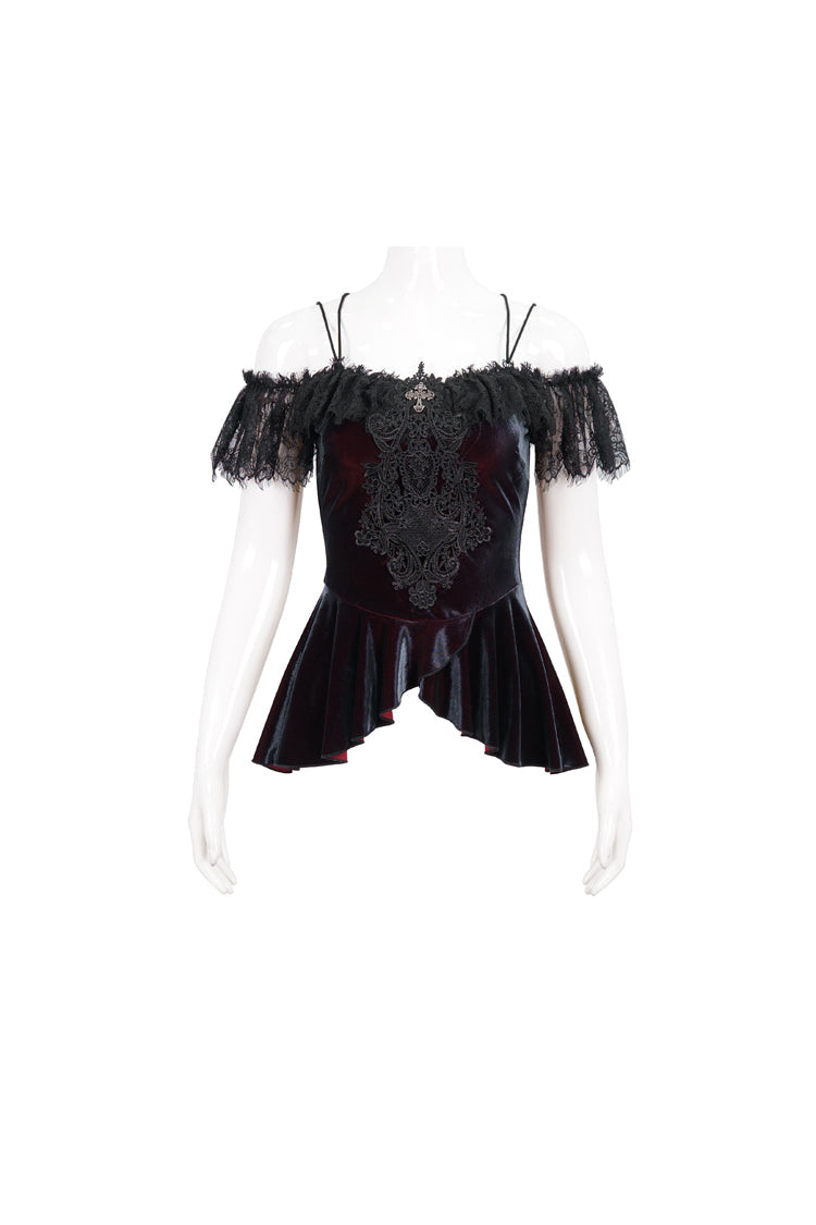 Crimson Stretch Velvet Eyelash Lace Short Sleeve One-Shoulder Goth Strap Tee