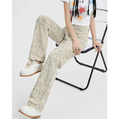 Beige Floral Corduroy Pants - Pants