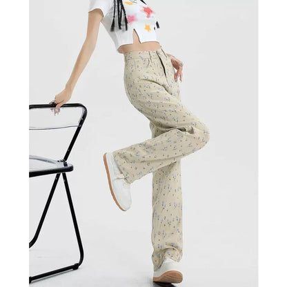 Beige Floral Corduroy Pants - Pants